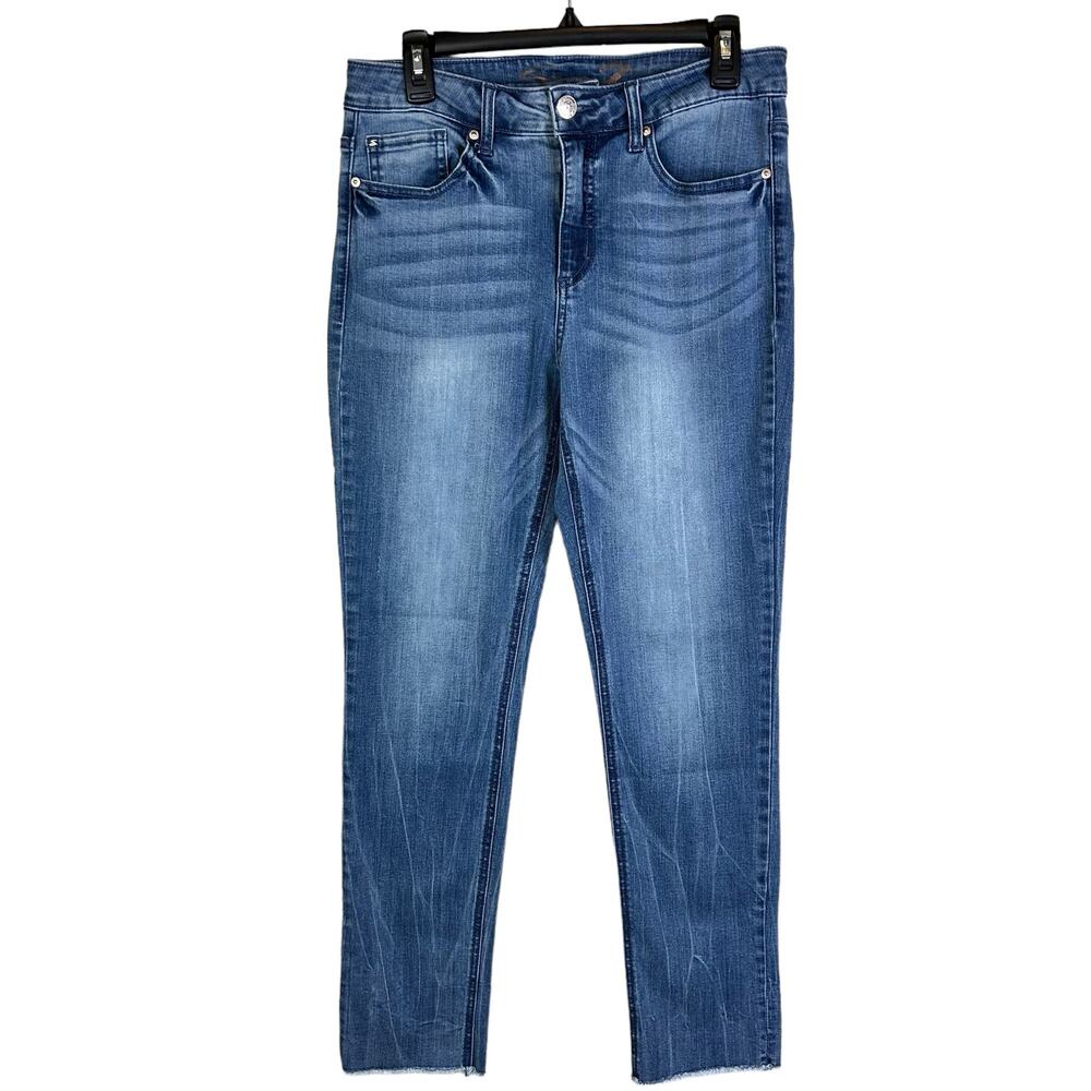 Seven7 Jeans Women Size 8 High Rise Slim Straight Blue Stone Wash Raw Hem Denim